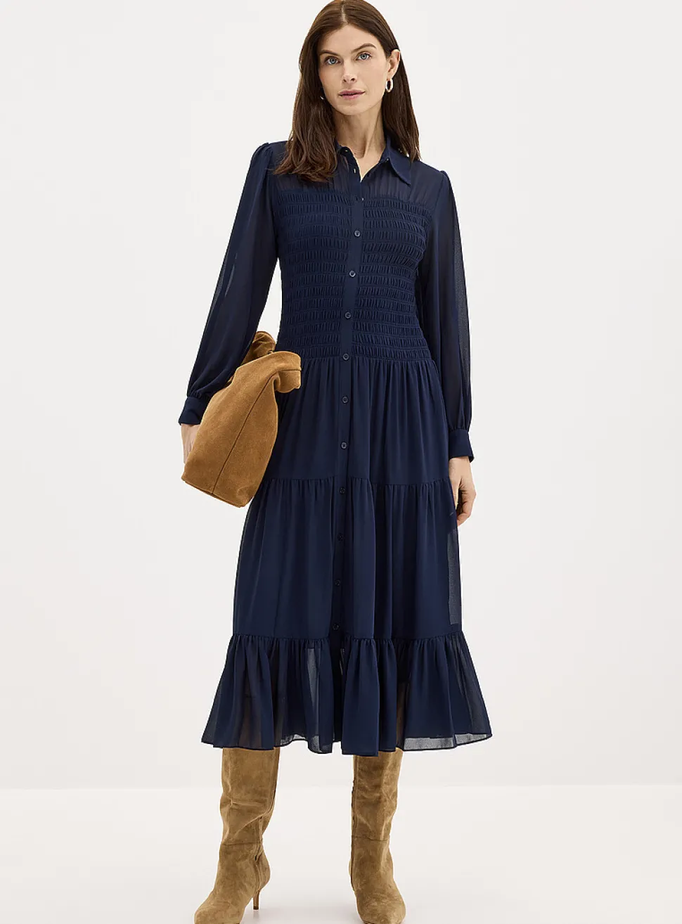 Airy crepe smocked shirtdress