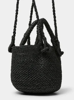 Arona black braided raffia mini bucket bag