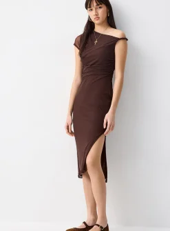 Asymmetrical-collar one-shoulder maxi dress