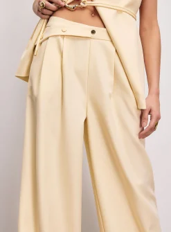 Asymmetric-belt pleated wide-leg pant
