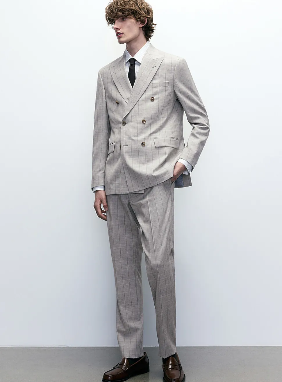 Beige stripe double-breasted suit