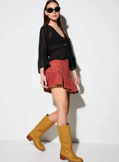 Bell sleeve sheer chiffon tie-front blouse