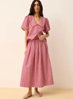 Belted flared gingham seersucker skirt