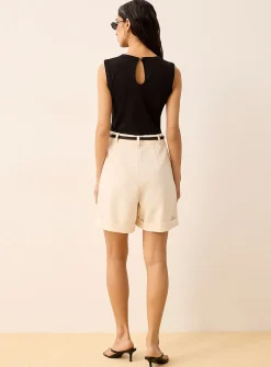 Belted mixed media sleeveless romper