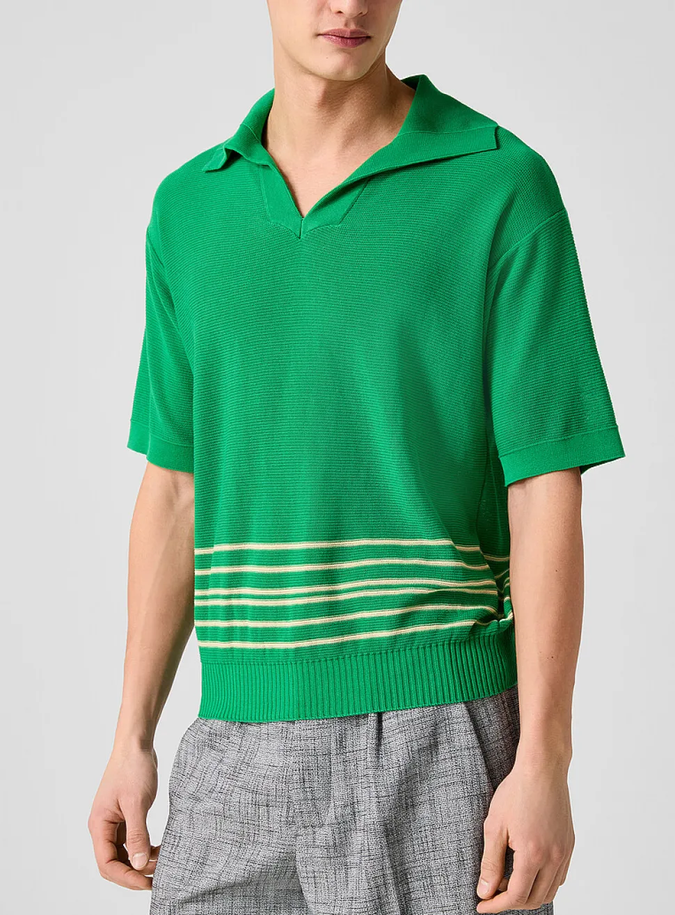 Bentgrass striped knit Johnny collar polo shirt