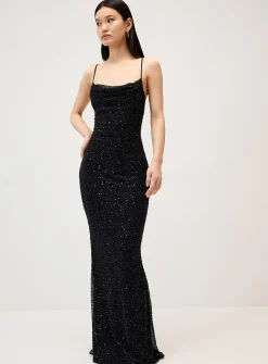 Black beaded mesh maxi dress