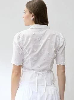 Broderie anglaise notch collar drawcord waist blouse