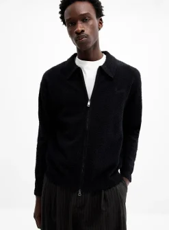 Brushed-knit polo-collar zip-up cardigan