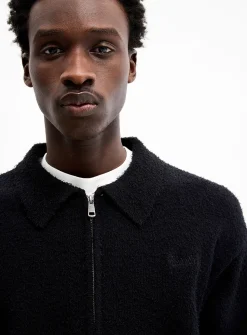 Brushed-knit polo-collar zip-up cardigan