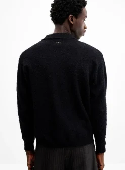 Brushed-knit polo-collar zip-up cardigan