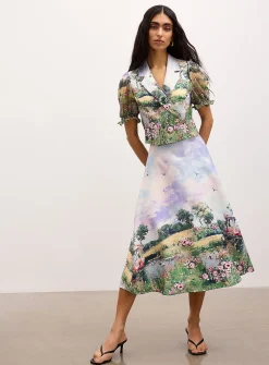 Bucolic landscape flared midi skirt