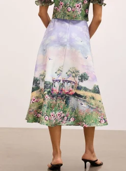 Bucolic landscape flared midi skirt
