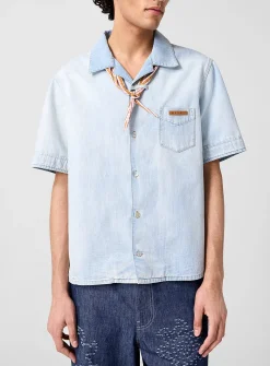 Built-in scarf faded chambray shirt