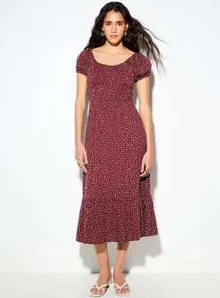 Bustier-style polka-dotted brown dress