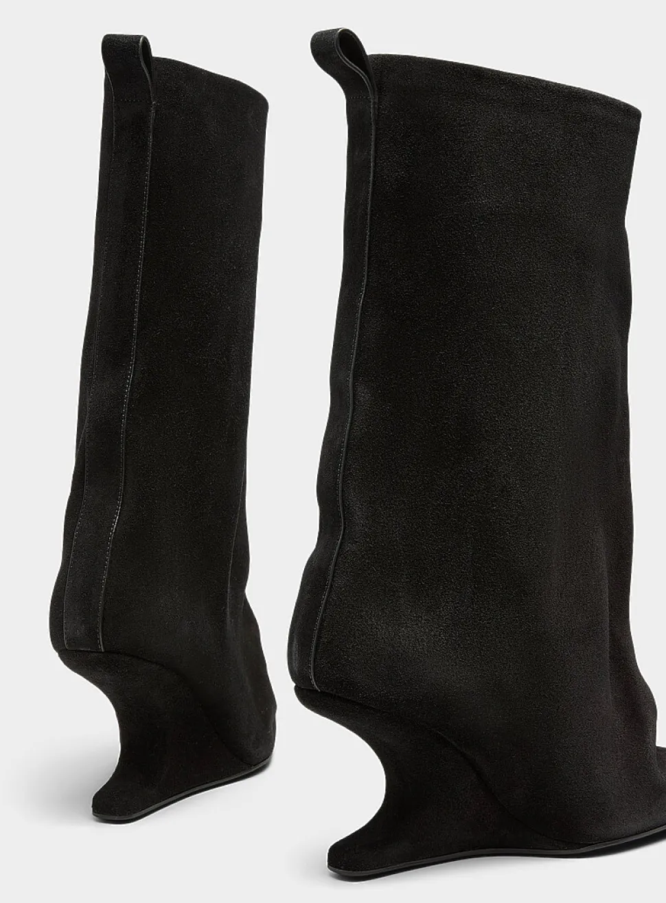 Cantilever heel flared suede boots