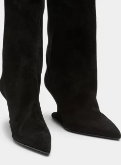 Cantilever heel flared suede boots