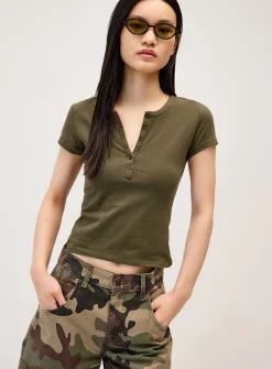 Cap-sleeve Henley T-shirt