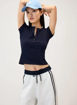 Cap-sleeve Henley T-shirt