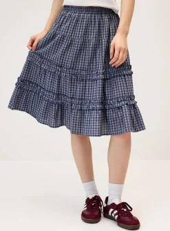 Checked tiered midi skirt