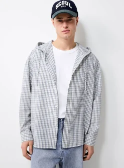 Check seersucker hooded shirt