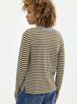 Contrasting collar striped slub T-shirt