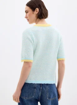 Contrasting trim striped fuzzy cardigan