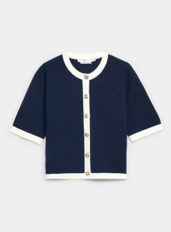 Crest buttons contrasting trim boxy-fit cardigan