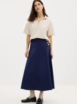 Crest buttons flared midi skirt