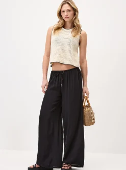 Crinkled elastic-waist wide-leg pant
