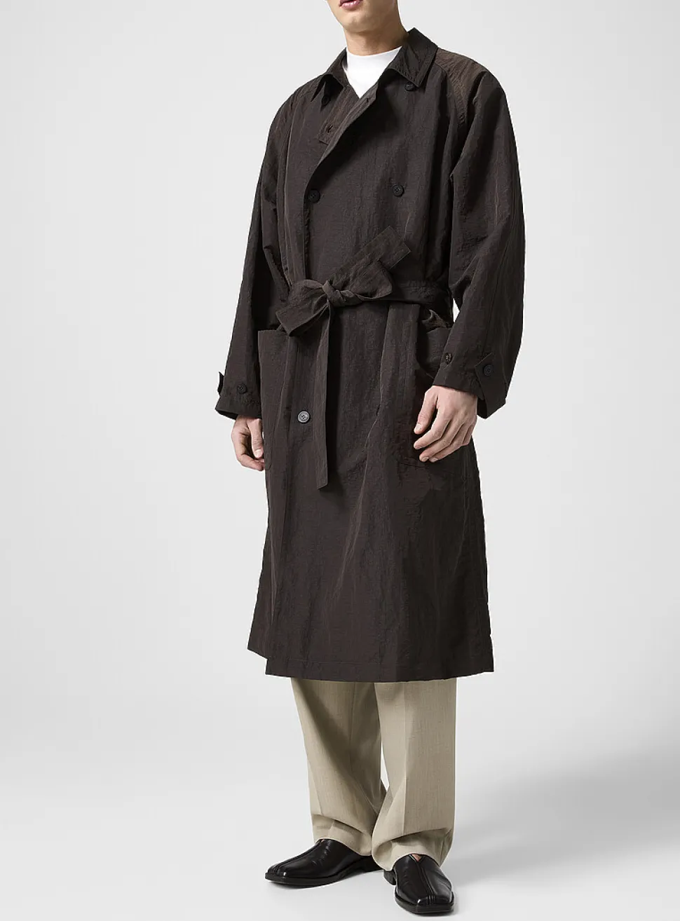 Crinkled nylon belted trench coat