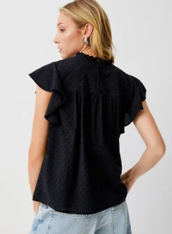 Crochet and Swiss dot ruffled collar blouse