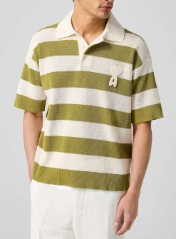 Crocheted logo block stripes polo shirt
