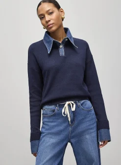 Denim inserts jewel buttons polo shirt