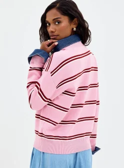 Denim polo collar insert striped sweater