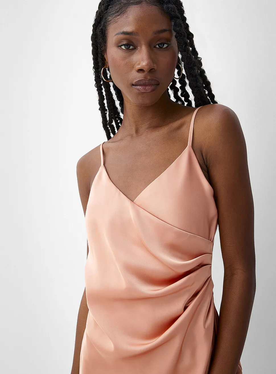 Double-face satin draped collar slip dress