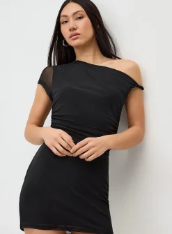 Draped mesh off-the-shoulder minidress