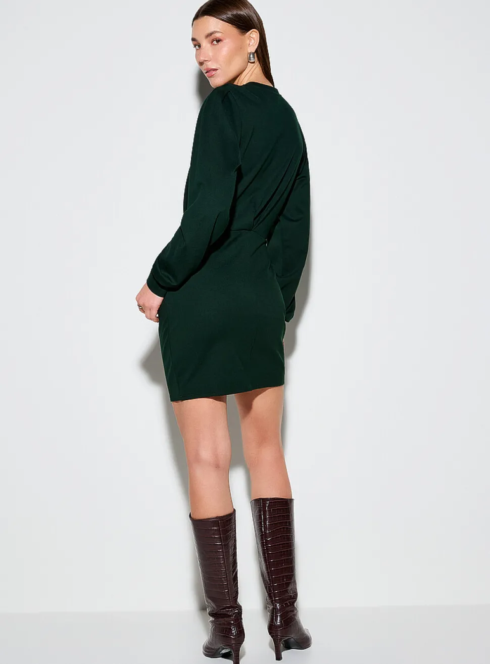 Draped waist long-sleeve interlock dress