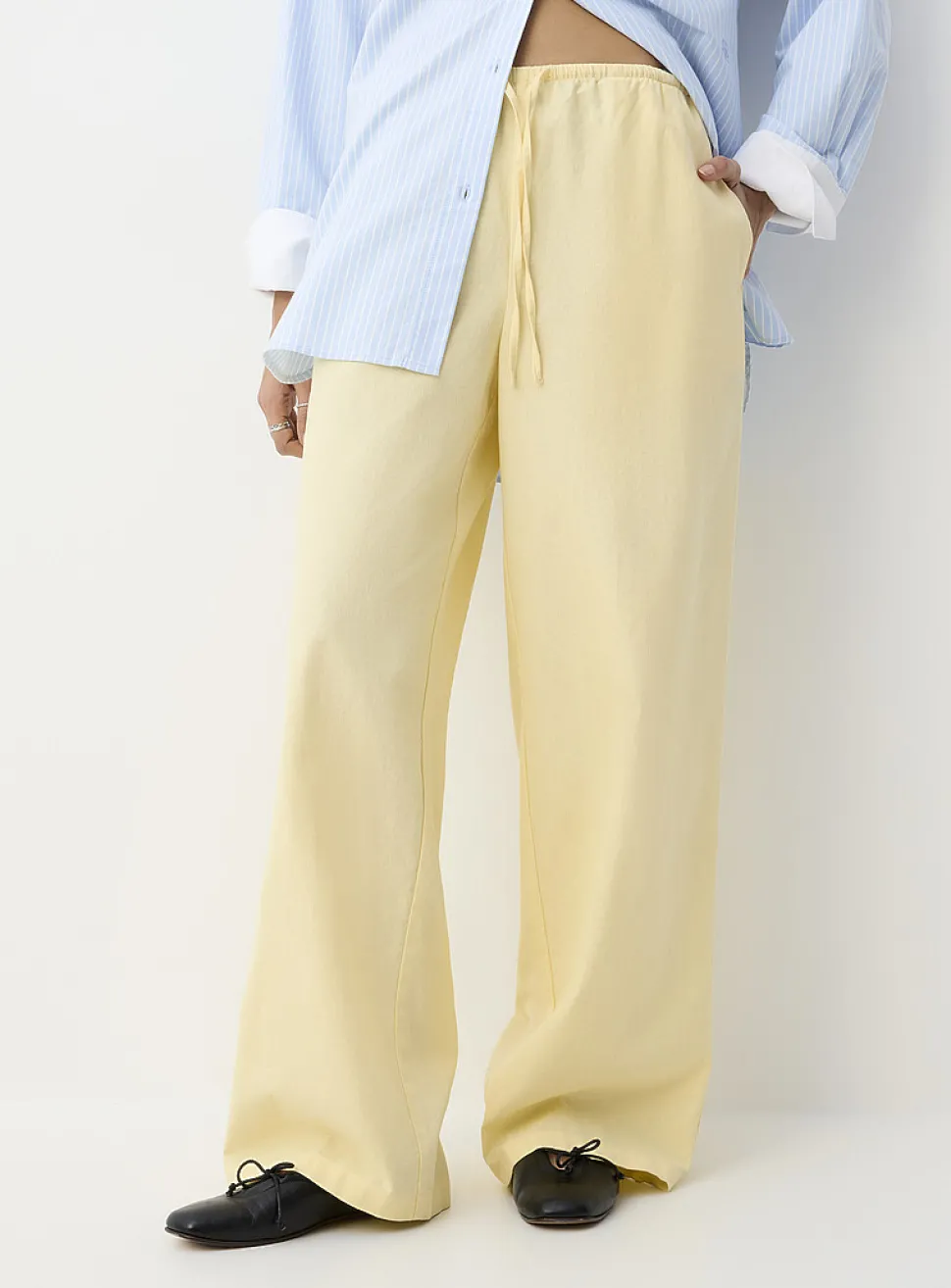 Drawcord waist linen-blend wide-leg pant