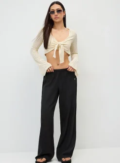 Drawcord waist linen-blend wide-leg pant