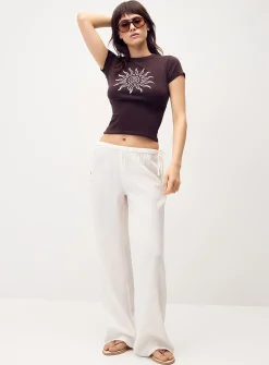 Drawcord waist linen-blend wide-leg pant