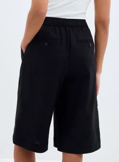 Elastic waist linen-cotton Bermuda shorts