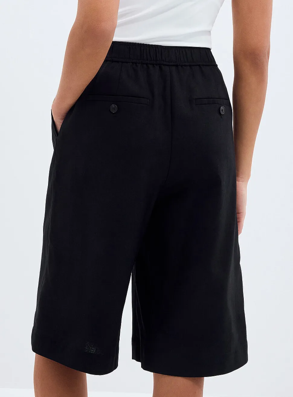 Elastic waist linen-cotton Bermuda shorts
