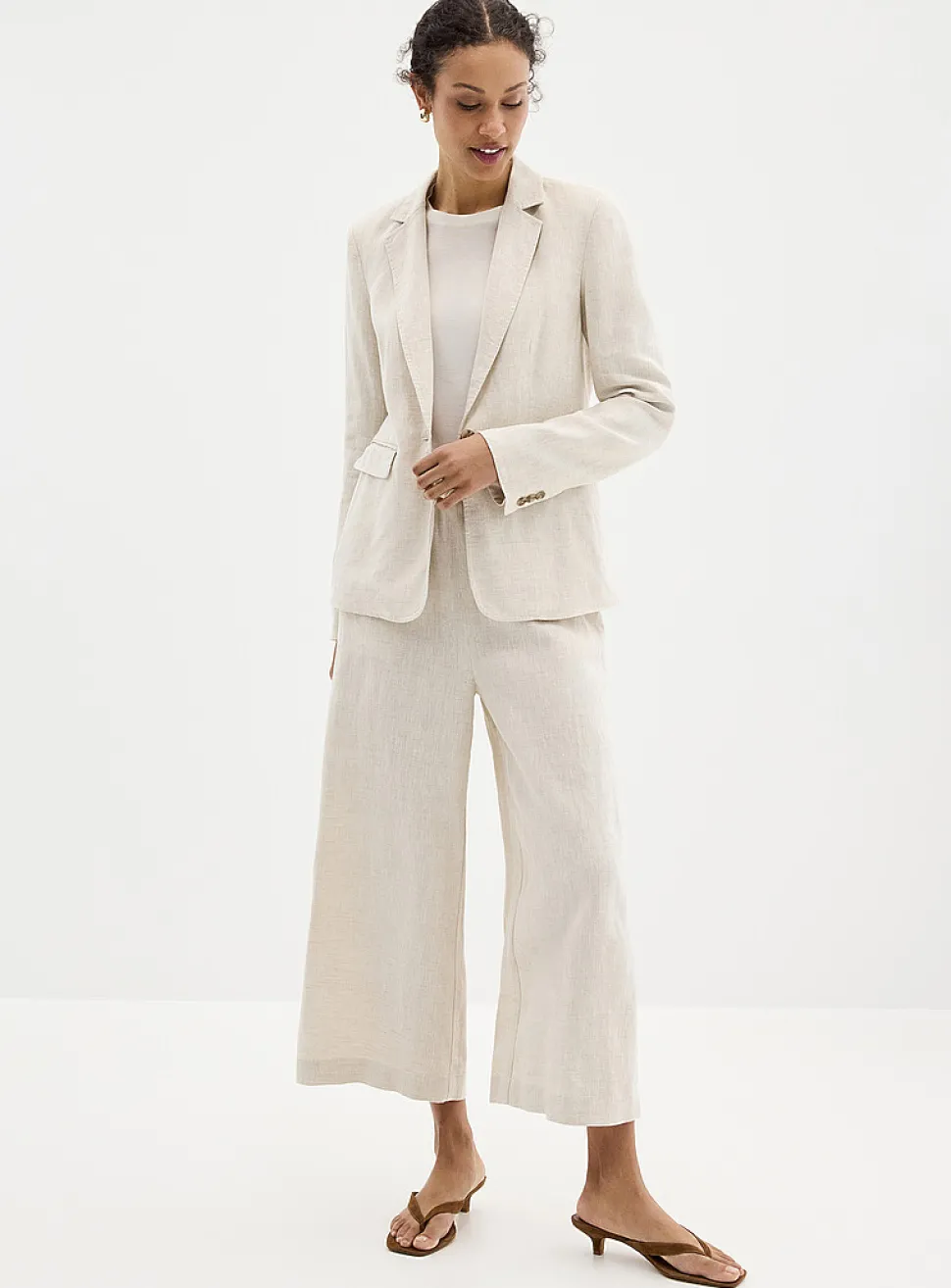 Elastic waist pure linen capri pant