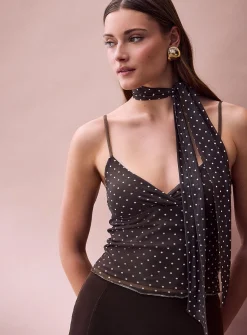 Elvira polka dot scarf-neck micromesh cami