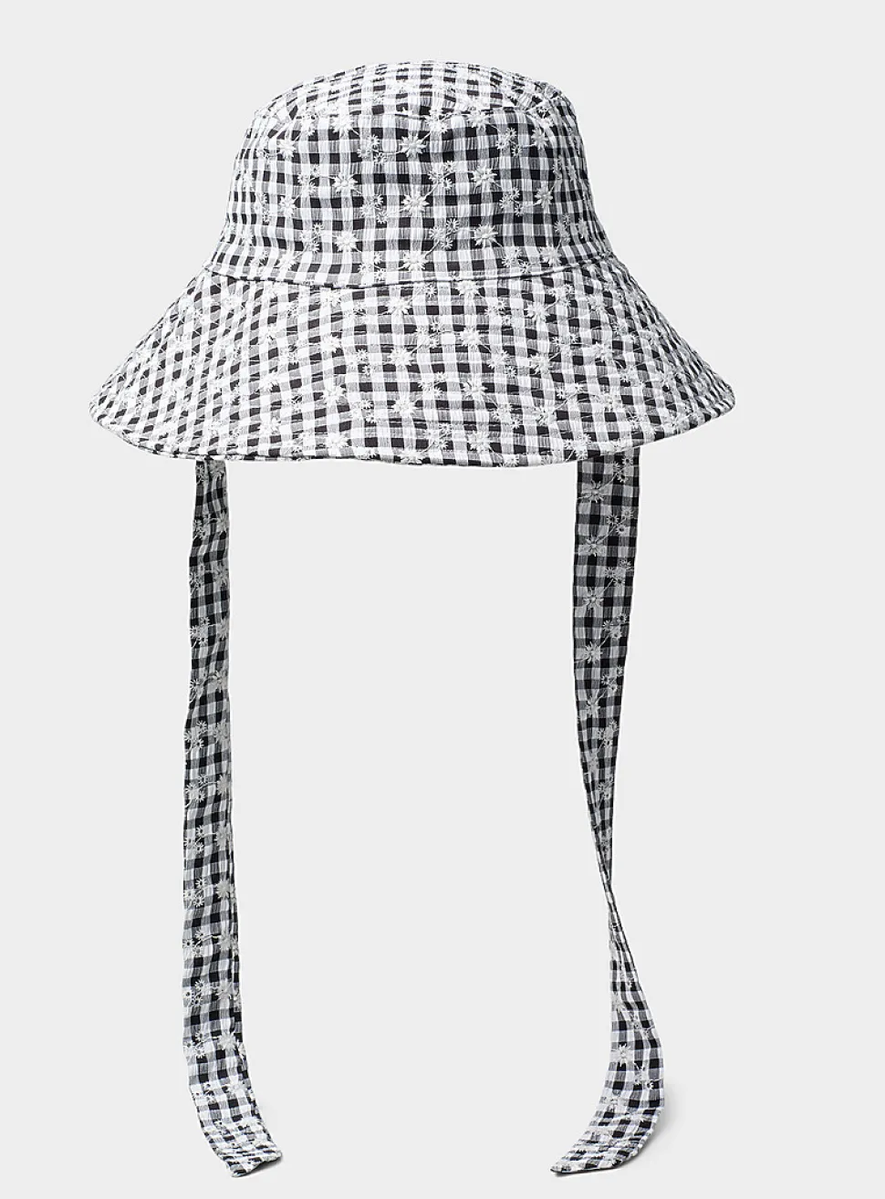 Embroidered gingham wide-brim tie bucket hat