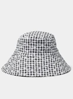 Embroidered gingham wide-brim tie bucket hat