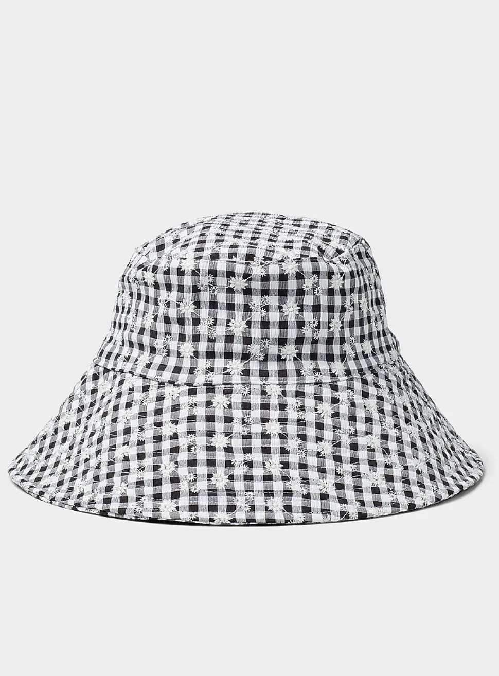 Embroidered gingham wide-brim tie bucket hat