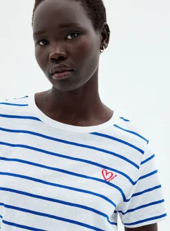 Embroidered heart striped slub T-shirt