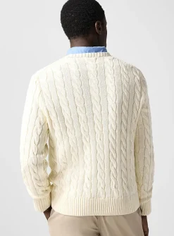 Embroidered rider twisted-cable sweater
