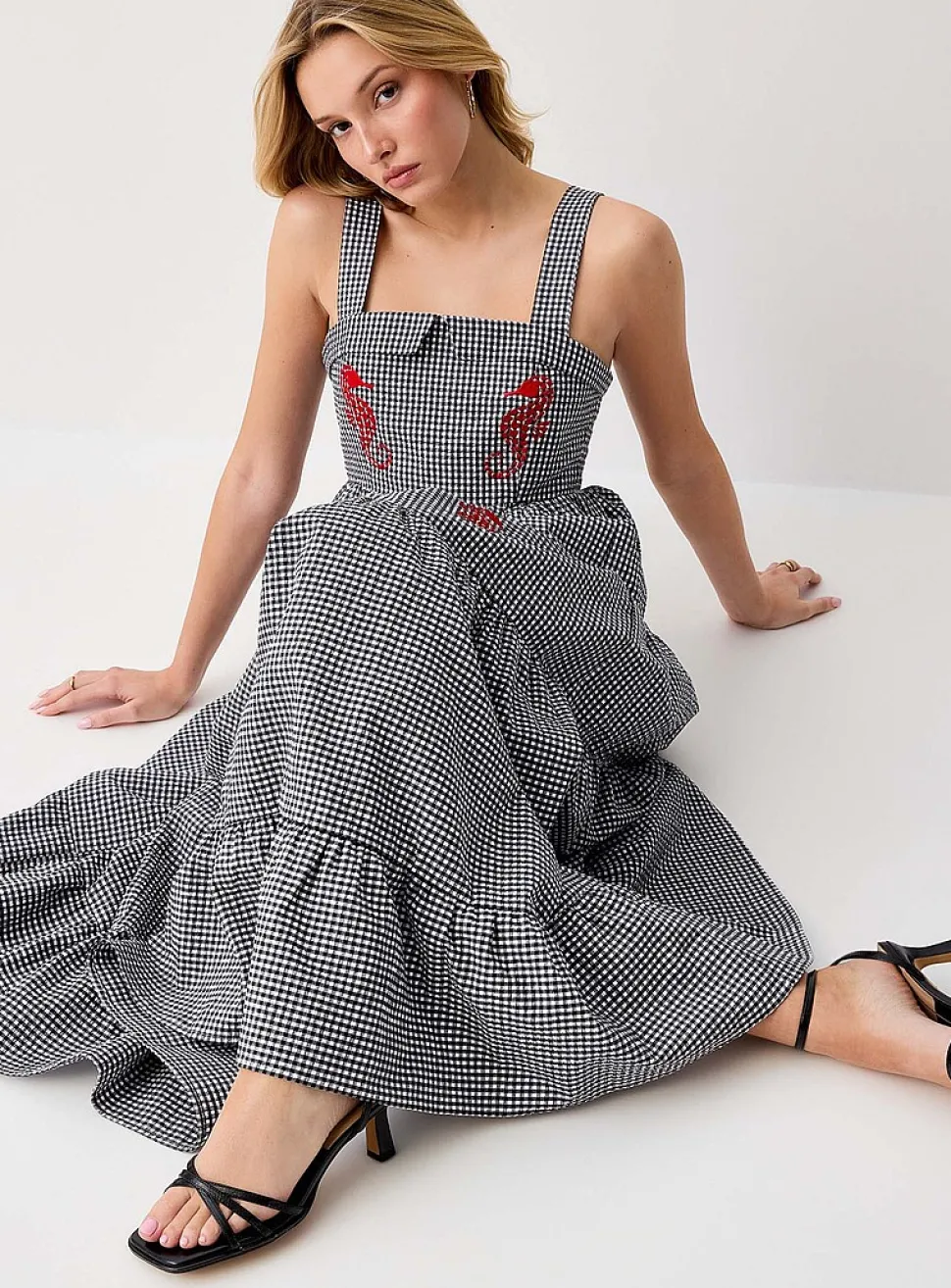 Embroidered seahorses maxi tiered seersucker dress